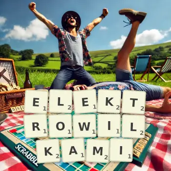 Kreatywna ilustracja do gry w Scrabble ze słowem ELEKTROWILKAMI ułożonym z płytek na planszy.