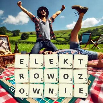 Kreatywna ilustracja do gry w Scrabble ze słowem ELEKTROWOZOWNIE ułożonym z płytek na planszy.