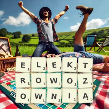 Kreatywna ilustracja do gry w Scrabble ze słowem ELEKTROWOZOWNIĄ ułożonym z płytek na planszy.