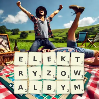 Kreatywna ilustracja do gry w Scrabble ze słowem ELEKTRYZOWALBYM ułożonym z płytek na planszy.