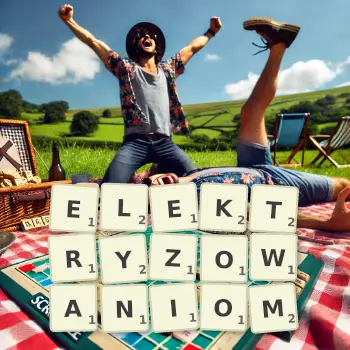 Kreatywna ilustracja do gry w Scrabble ze słowem ELEKTRYZOWANIOM ułożonym z płytek na planszy.