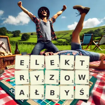 Kreatywna ilustracja do gry w Scrabble ze słowem ELEKTRYZOWAŁBYŚ ułożonym z płytek na planszy.