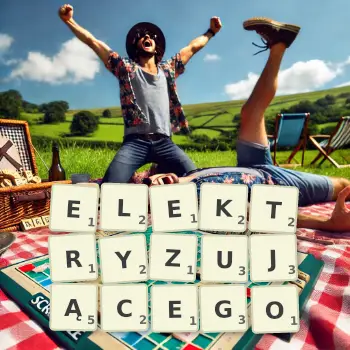 Kreatywna ilustracja do gry w Scrabble ze słowem ELEKTRYZUJĄCEGO ułożonym z płytek na planszy.