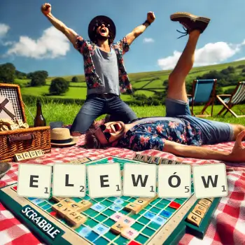 Kreatywna ilustracja do gry w Scrabble ze słowem ELEWÓW ułożonym z płytek na planszy.