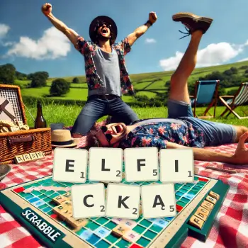 Kreatywna ilustracja do gry w Scrabble ze słowem ELFICKĄ ułożonym z płytek na planszy.