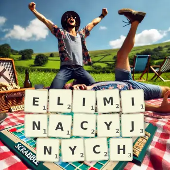 Kreatywna ilustracja do gry w Scrabble ze słowem ELIMINACYJNYCH ułożonym z płytek na planszy.