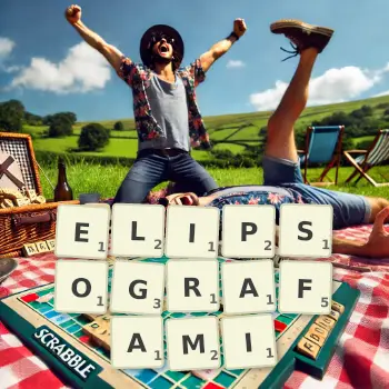 Kreatywna ilustracja do gry w Scrabble ze słowem ELIPSOGRAFAMI ułożonym z płytek na planszy.