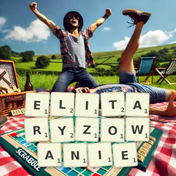 Kreatywna ilustracja do gry w Scrabble ze słowem ELITARYZOWANIE ułożonym z płytek na planszy.