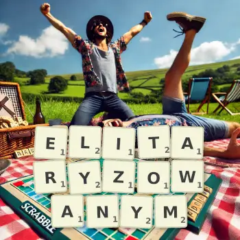Kreatywna ilustracja do gry w Scrabble ze słowem ELITARYZOWANYM ułożonym z płytek na planszy.
