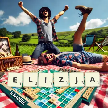 Kreatywna ilustracja do gry w Scrabble ze słowem ELIZJA ułożonym z płytek na planszy.