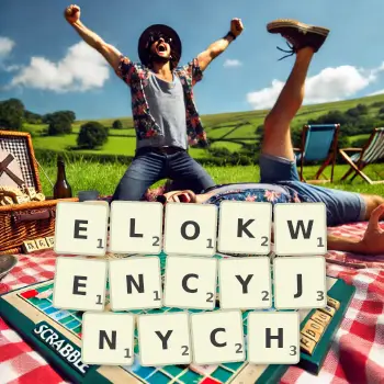 Kreatywna ilustracja do gry w Scrabble ze słowem ELOKWENCYJNYCH ułożonym z płytek na planszy.