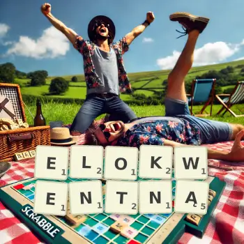 Kreatywna ilustracja do gry w Scrabble ze słowem ELOKWENTNĄ ułożonym z płytek na planszy.