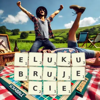 Kreatywna ilustracja do gry w Scrabble ze słowem ELUKUBRUJECIE ułożonym z płytek na planszy.