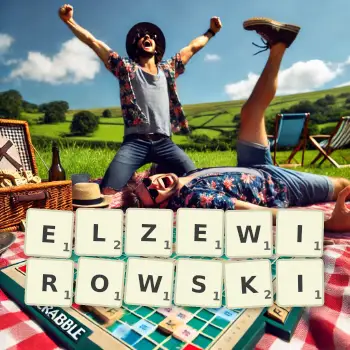 Kreatywna ilustracja do gry w Scrabble ze słowem ELZEWIROWSKI ułożonym z płytek na planszy.
