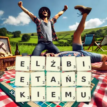 Kreatywna ilustracja do gry w Scrabble ze słowem ELŻBIETAŃSKIEMU ułożonym z płytek na planszy.