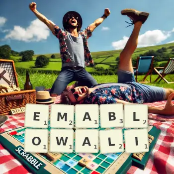 Kreatywna ilustracja do gry w Scrabble ze słowem EMABLOWALI ułożonym z płytek na planszy.