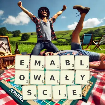 Kreatywna ilustracja do gry w Scrabble ze słowem EMABLOWAŁYŚCIE ułożonym z płytek na planszy.