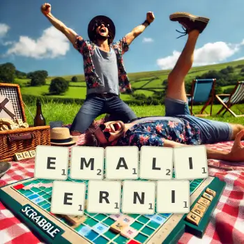 Kreatywna ilustracja do gry w Scrabble ze słowem EMALIERNI ułożonym z płytek na planszy.