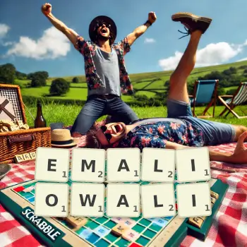 Kreatywna ilustracja do gry w Scrabble ze słowem EMALIOWALI ułożonym z płytek na planszy.