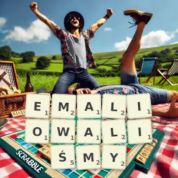 Kreatywna ilustracja do gry w Scrabble ze słowem EMALIOWALIŚMY ułożonym z płytek na planszy.