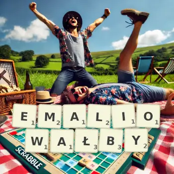 Kreatywna ilustracja do gry w Scrabble ze słowem EMALIOWAŁBY ułożonym z płytek na planszy.