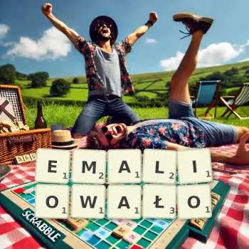 Kreatywna ilustracja do gry w Scrabble ze słowem EMALIOWAŁO ułożonym z płytek na planszy.