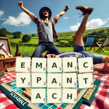 Kreatywna ilustracja do gry w Scrabble ze słowem EMANCYPANTACH ułożonym z płytek na planszy.