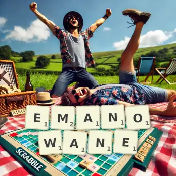 Kreatywna ilustracja do gry w Scrabble ze słowem EMANOWANE ułożonym z płytek na planszy.