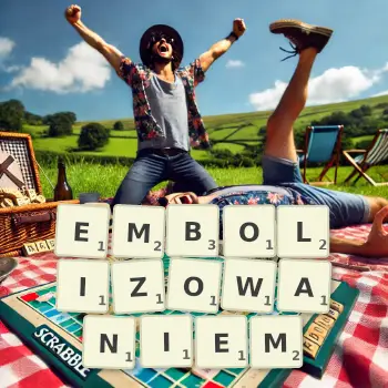 Kreatywna ilustracja do gry w Scrabble ze słowem EMBOLIZOWANIEM ułożonym z płytek na planszy.