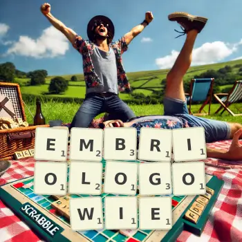 Kreatywna ilustracja do gry w Scrabble ze słowem EMBRIOLOGOWIE ułożonym z płytek na planszy.