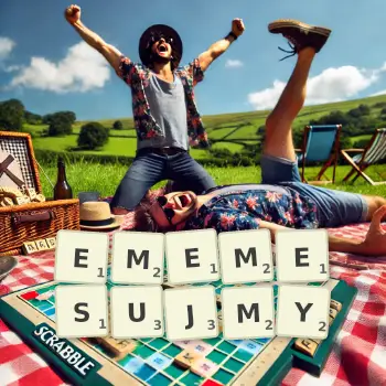 Kreatywna ilustracja do gry w Scrabble ze słowem EMEMESUJMY ułożonym z płytek na planszy.