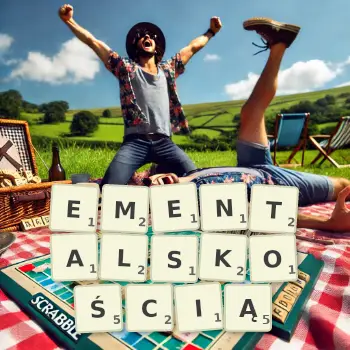 Kreatywna ilustracja do gry w Scrabble ze słowem EMENTALSKOŚCIĄ ułożonym z płytek na planszy.