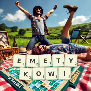 Kreatywna ilustracja do gry w Scrabble ze słowem EMETYKOWI ułożonym z płytek na planszy.