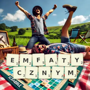 Kreatywna ilustracja do gry w Scrabble ze słowem EMFATYCZNYM ułożonym z płytek na planszy.