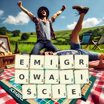 Kreatywna ilustracja do gry w Scrabble ze słowem EMIGROWALIŚCIE ułożonym z płytek na planszy.