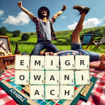 Kreatywna ilustracja do gry w Scrabble ze słowem EMIGROWANIACH ułożonym z płytek na planszy.