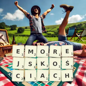 Kreatywna ilustracja do gry w Scrabble ze słowem EMOREJSKOŚCIACH ułożonym z płytek na planszy.