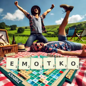 Kreatywna ilustracja do gry w Scrabble ze słowem EMOTKO ułożonym z płytek na planszy.