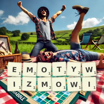 Kreatywna ilustracja do gry w Scrabble ze słowem EMOTYWIZMOWI ułożonym z płytek na planszy.