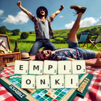 Kreatywna ilustracja do gry w Scrabble ze słowem EMPIDONKI ułożonym z płytek na planszy.