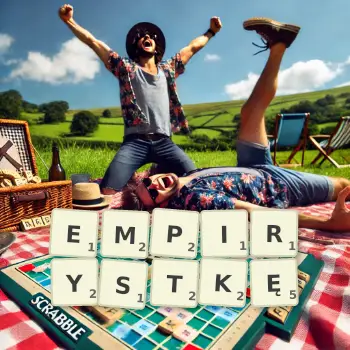 Kreatywna ilustracja do gry w Scrabble ze słowem EMPIRYSTKĘ ułożonym z płytek na planszy.