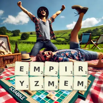 Kreatywna ilustracja do gry w Scrabble ze słowem EMPIRYZMEM ułożonym z płytek na planszy.