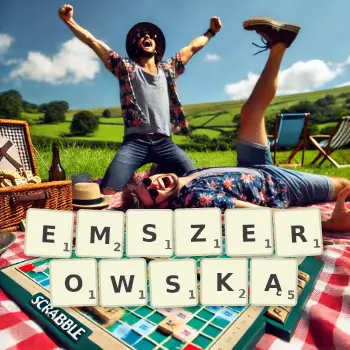 Kreatywna ilustracja do gry w Scrabble ze słowem EMSZEROWSKĄ ułożonym z płytek na planszy.