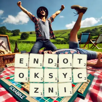 Kreatywna ilustracja do gry w Scrabble ze słowem ENDOTOKSYCZNI ułożonym z płytek na planszy.