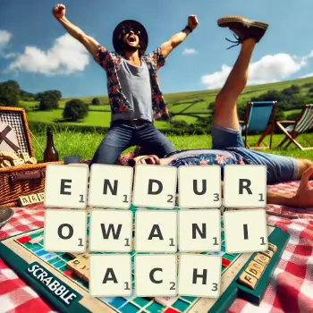 Kreatywna ilustracja do gry w Scrabble ze słowem ENDUROWANIACH ułożonym z płytek na planszy.