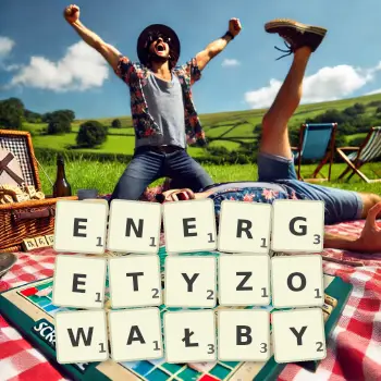 Kreatywna ilustracja do gry w Scrabble ze słowem ENERGETYZOWAŁBY ułożonym z płytek na planszy.