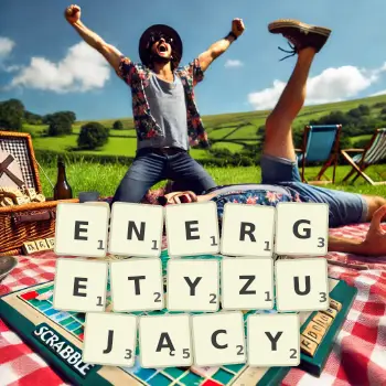 Kreatywna ilustracja do gry w Scrabble ze słowem ENERGETYZUJĄCY ułożonym z płytek na planszy.