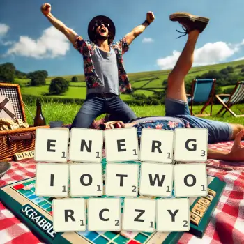 Kreatywna ilustracja do gry w Scrabble ze słowem ENERGIOTWORCZY ułożonym z płytek na planszy.