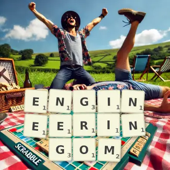 Kreatywna ilustracja do gry w Scrabble ze słowem ENGINEERINGOM ułożonym z płytek na planszy.