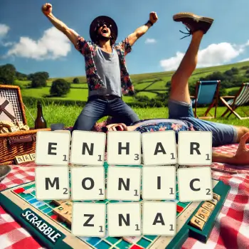 Kreatywna ilustracja do gry w Scrabble ze słowem ENHARMONICZNA ułożonym z płytek na planszy.